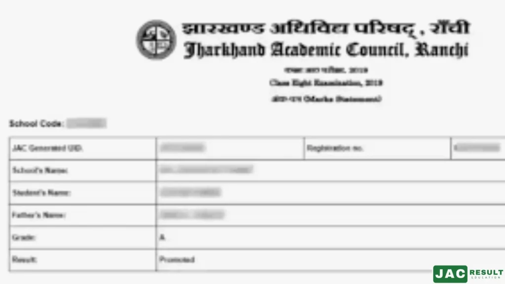 JAC 8th Result 2025 marksheet sample – Jharkhand Class 8 Board result with student details and grades