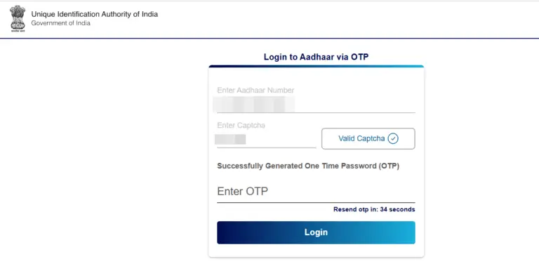Login to Aadhaar using OTP after captcha verification on UIDAI official portal.

