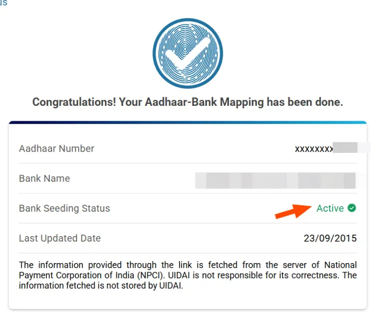 Aadhaar-bank link status showing as Active with bank name, last updated date, and Aadhaar number partially hidden.

