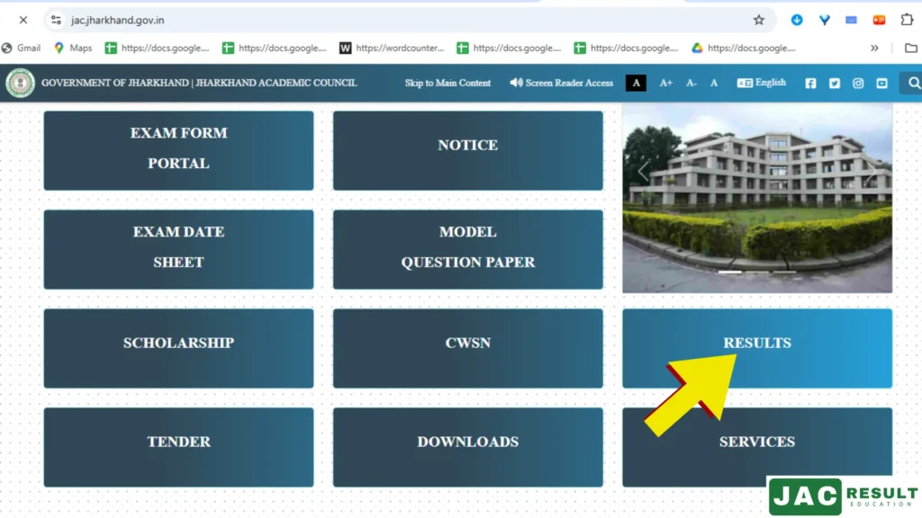 JAC Board Office, Jharkhand Academic Council website homepage. Displays results, exam forms, notices, and other key links.
