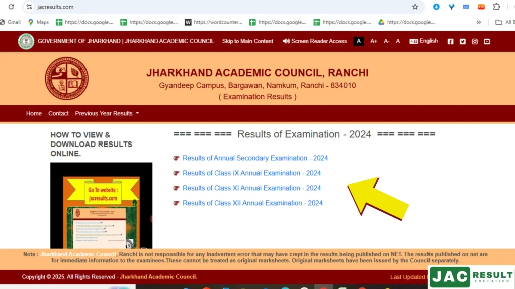"JAC Results 2024 official website page showing Class 8th, 9th, 10th, 11th, and 12th result links at jacresults.com"
